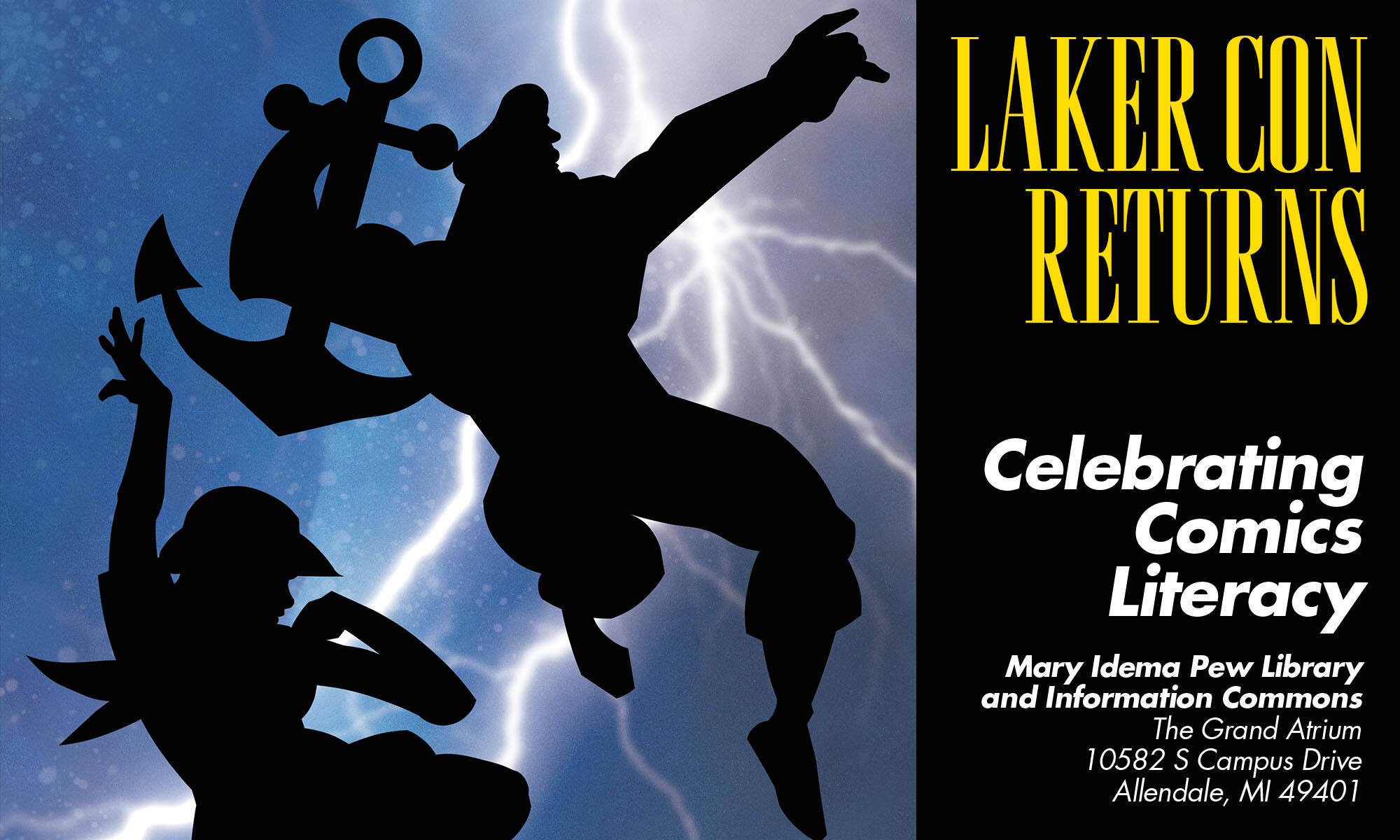 Laker Louie and Laker Connie leap in front of a lightning strike.